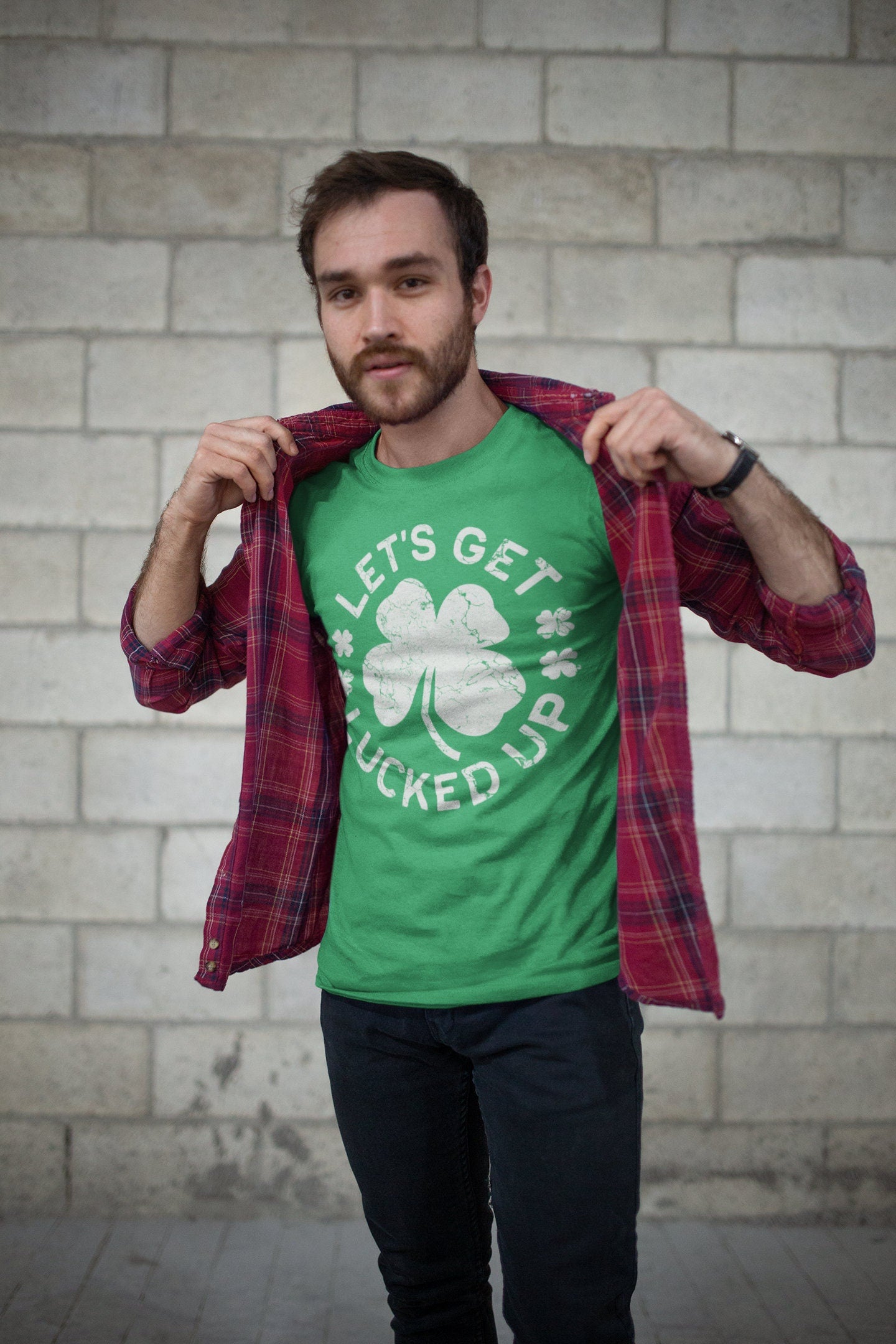 Let’s Get Lucked Up T-Shirt - Unisex Funny Mens Distressed Lucky Shamrock Shirt - Vintage Green Irish TShirt Gift for St Patrick's Day 2025