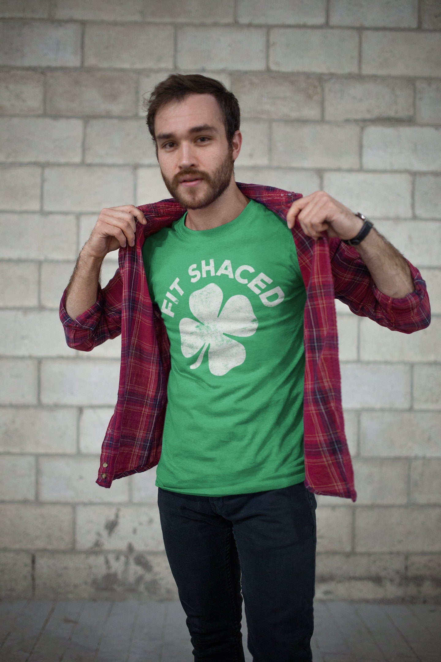 Fit Shaced T-Shirt - Unisex Funny Mens Drinking Shirt - Vintage Four Leaf Clover Beer TShirt Gift for St Patrick's Day 2025