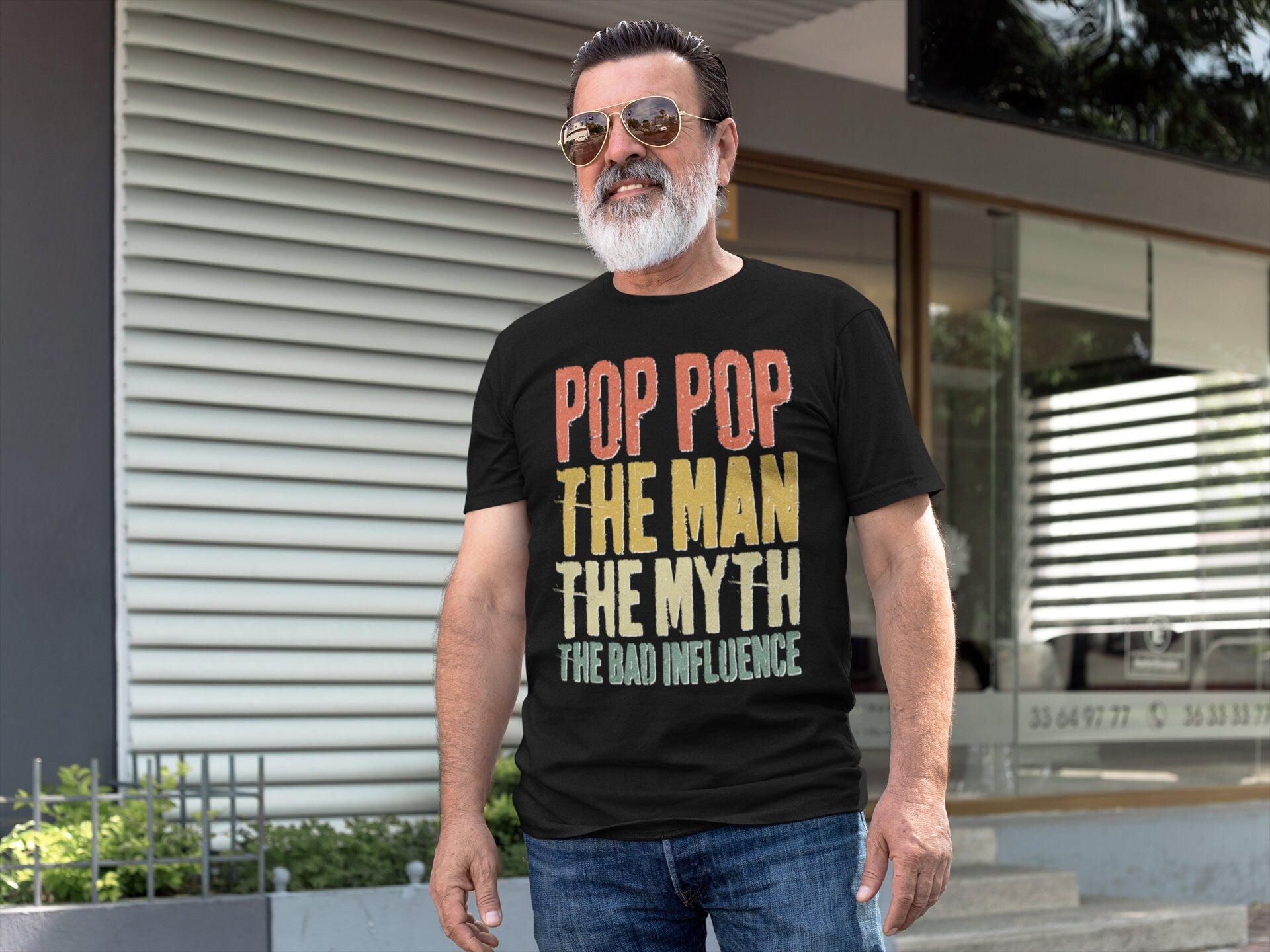 Pop Pop The Man The Myth The Bad Influence T-Shirt - Unisex Funny Mens Best Papa Shirt - Vintage Grandpa TShirt for Father's Day Christmas