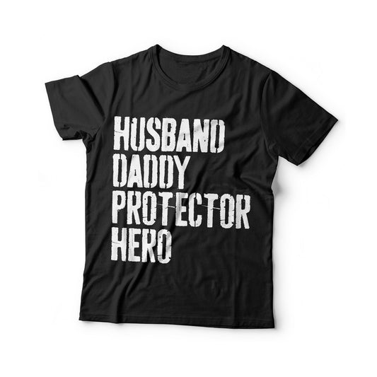 Husband Daddy Protector Hero T-Shirt - Unisex Funny Mens Best Papa Shirt - Vintage Dad TShirt for Father's Day