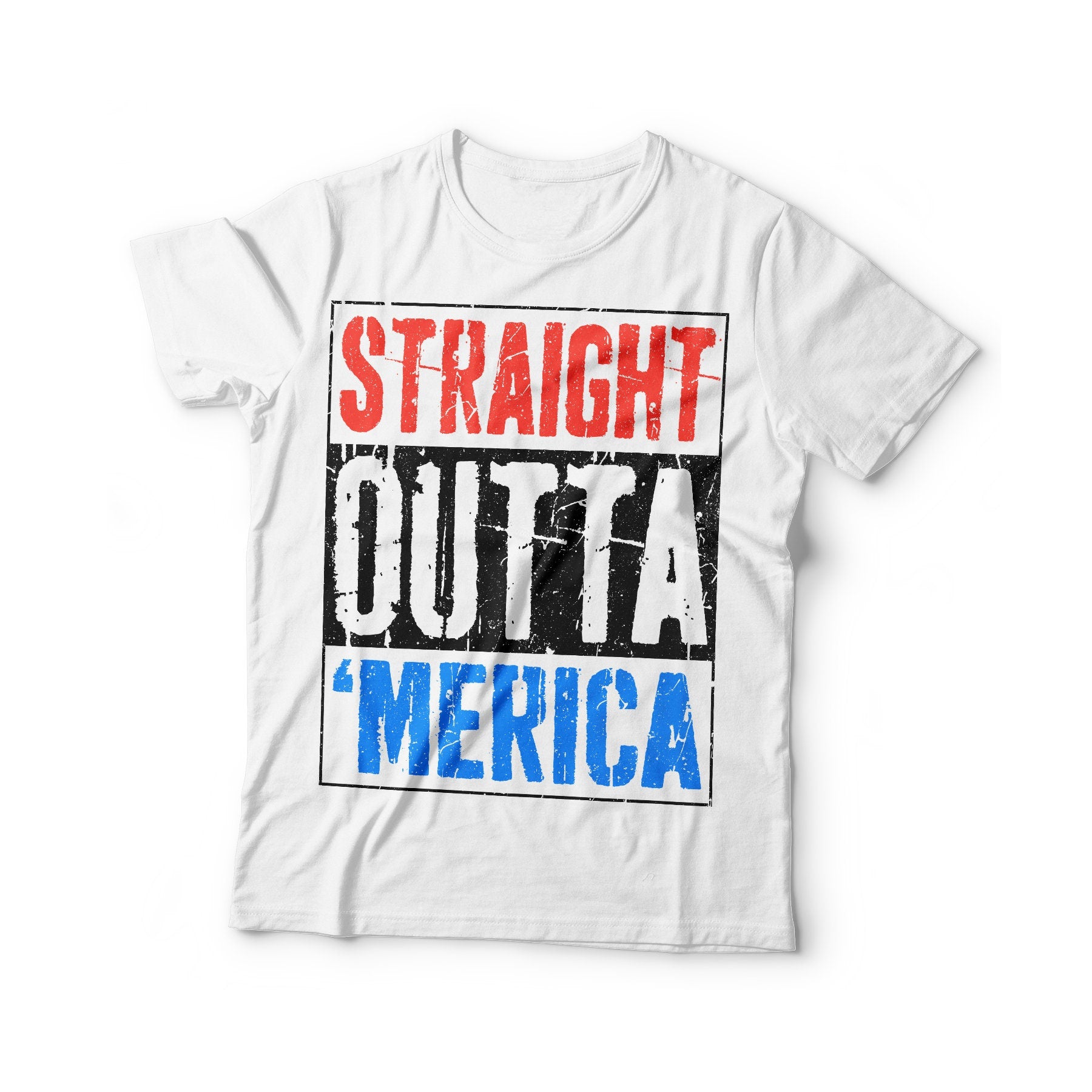 Straight Outta Merica T-Shirt - Unisex Mens Funny America Shirt - Vintage Red White And Blue TShirt Gift for Independence Day 4th of July