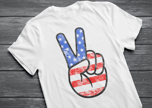 American Flag Peace Sign T-Shirt - Unisex Mens Funny America Shirt - Vintage Red White And Blue TShirt Gift for Independence Day 4th of July