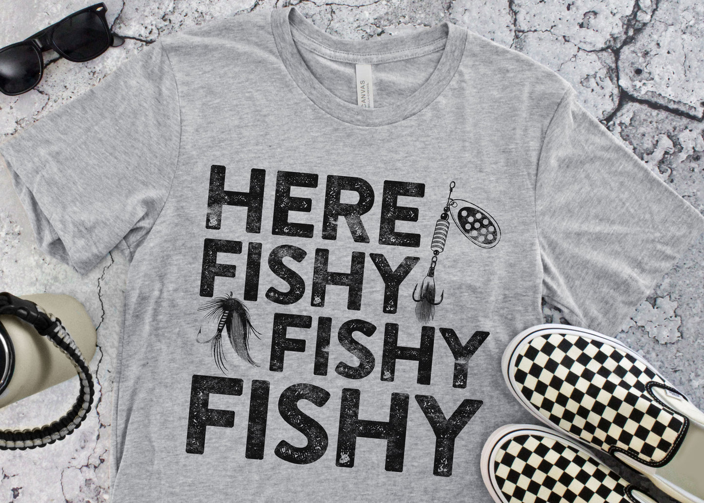 Here Fishy Fishy Fishy T-Shirt Unisex Funny Mens Fishing Shirt Fisherman Gift TShirt for Father's Day Christmas Birthday